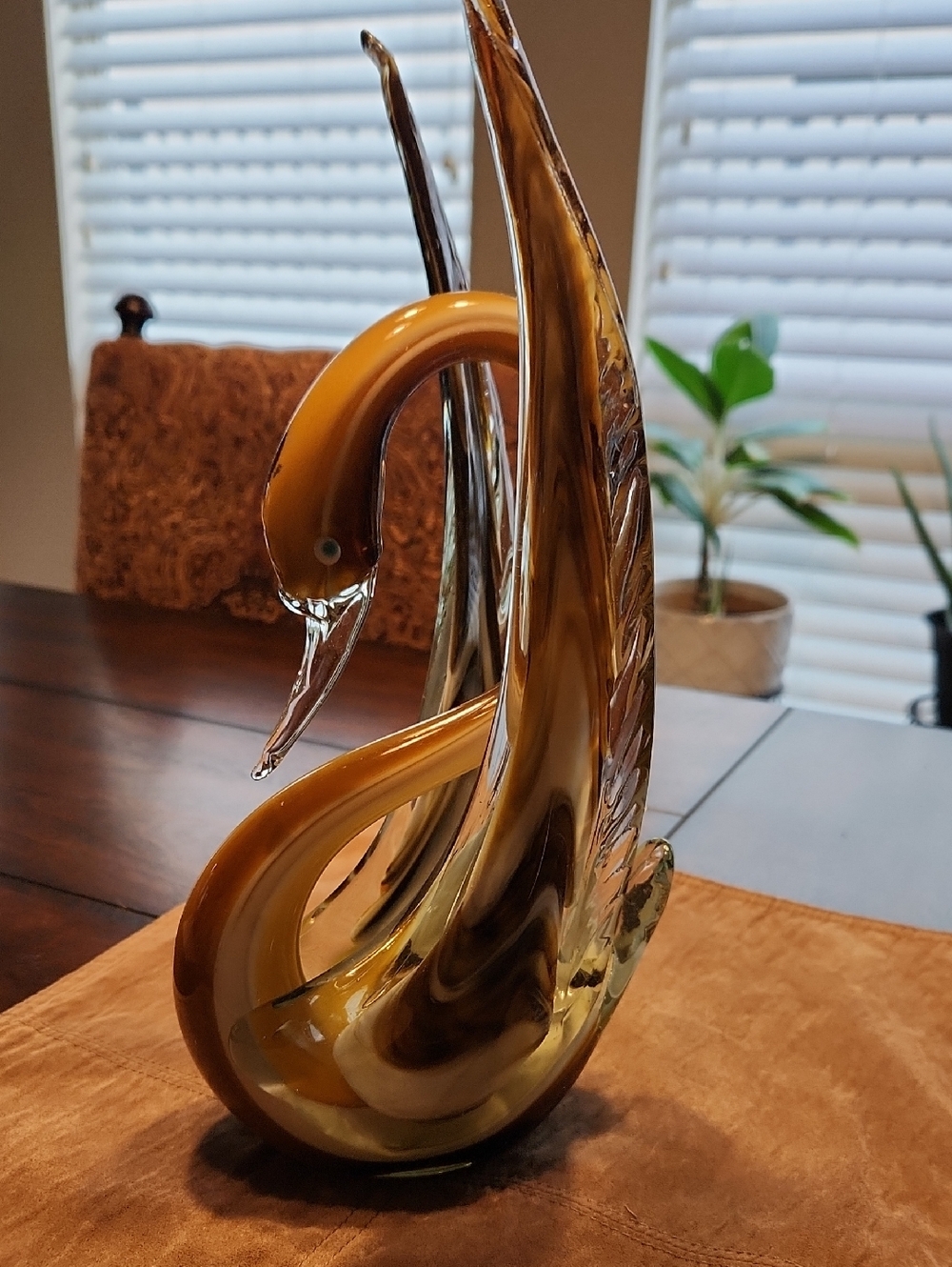 Murano Handblown Amber Glass Swan Sculpture - Elegant Home Art